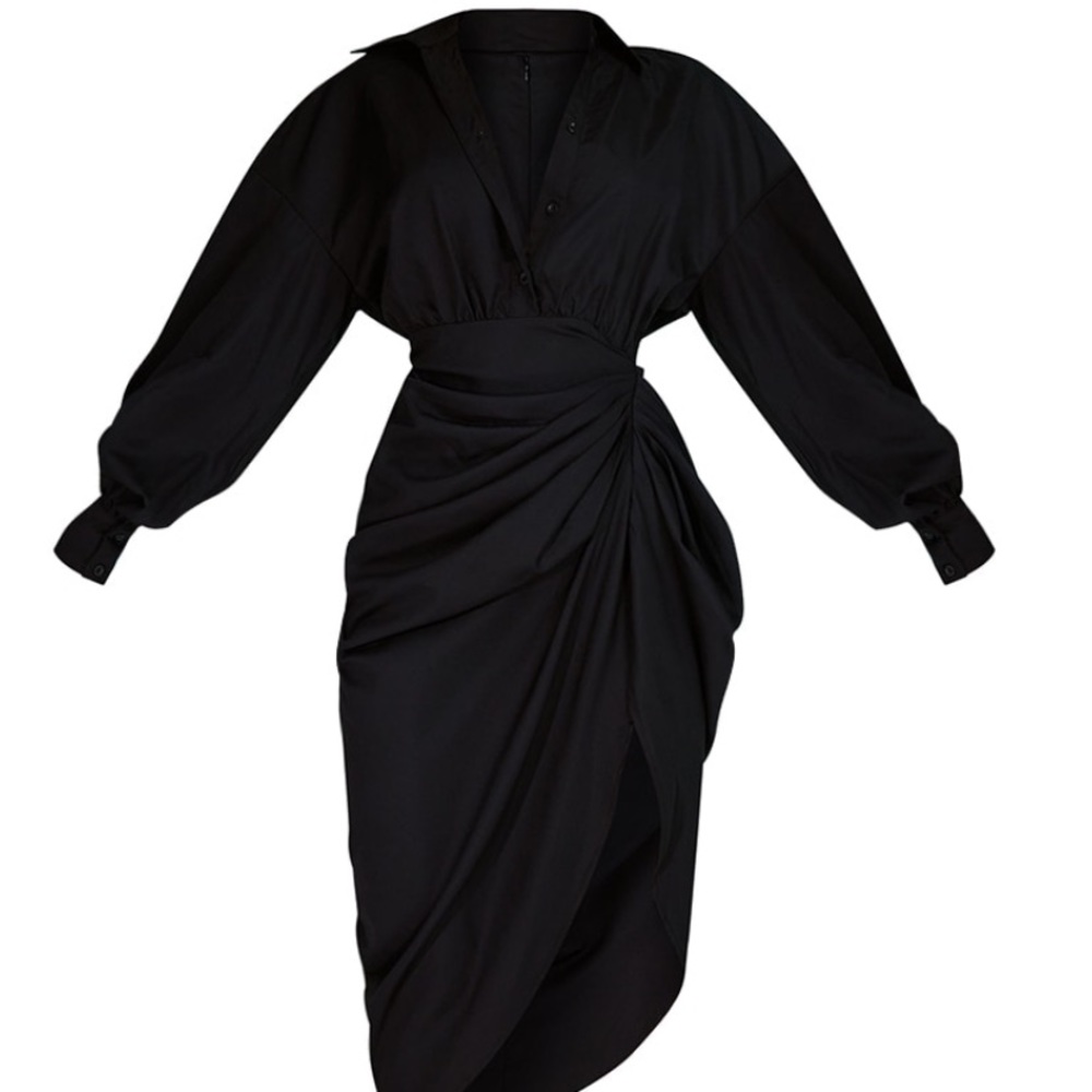Black Balloon Sleeve Gathered Skirt Midi Shirt Dress
